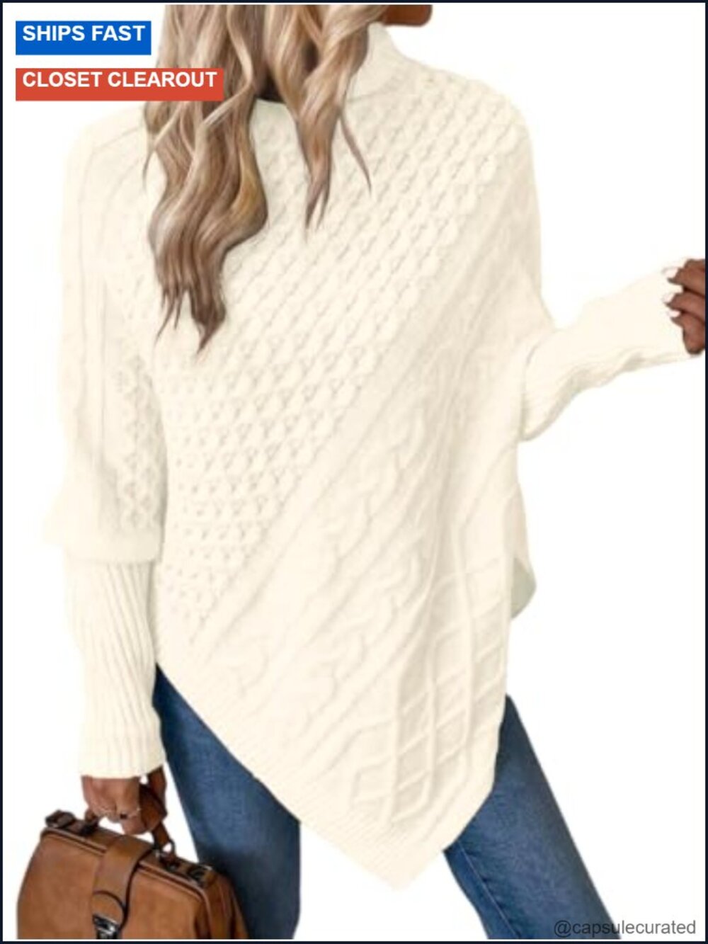 Women's Turtleneck Poncho Sweater Cable Knit Batwing Sleeve Asymmetrical